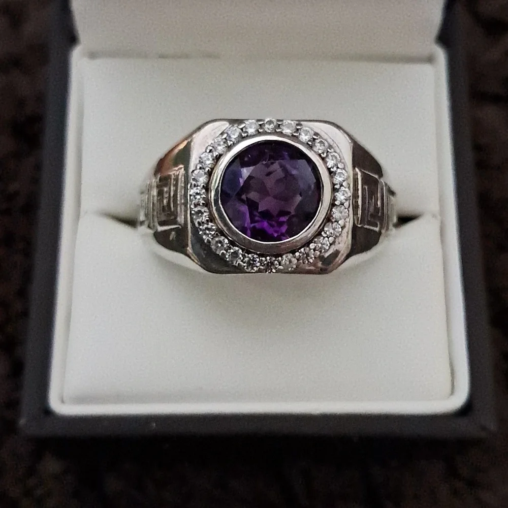 Amethyst & White Zircon Men's Ring Platinum Over Sterling Silver